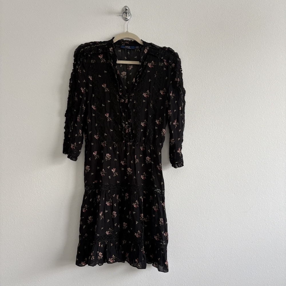 Polo Ralph Lauren Georgette Floral Drop Waist Dress Womens 2 Black Boho